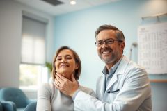 Doctor and patient in a medical office. A smiling male doctor in a white coat examines a female patient's neck. Blue walls and natural light create a calm, professional healthcare setting. Focus on wellness and patient care.