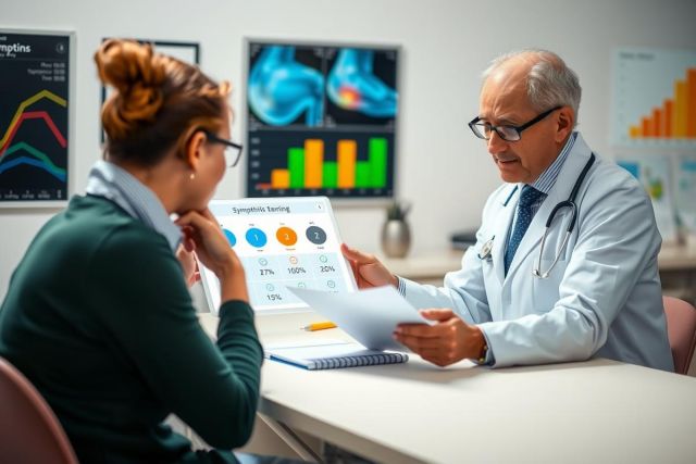 The image depicts an indoor medical office setting where a female patient is seated across from a male doctor. The doctor, dressed in professional attire with a white coat and stethoscope around his neck, is holding what appears to be a patient information sheet or record while looking at the patient.