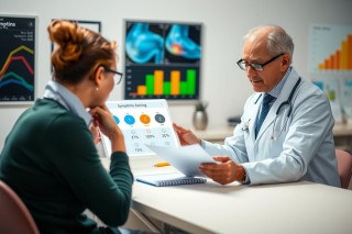 The image depicts an indoor medical office setting where a female patient is seated across from a male doctor. The doctor, dressed in professional attire with a white coat and stethoscope around his neck, is holding what appears to be a patient information sheet or record while looking at the patient.