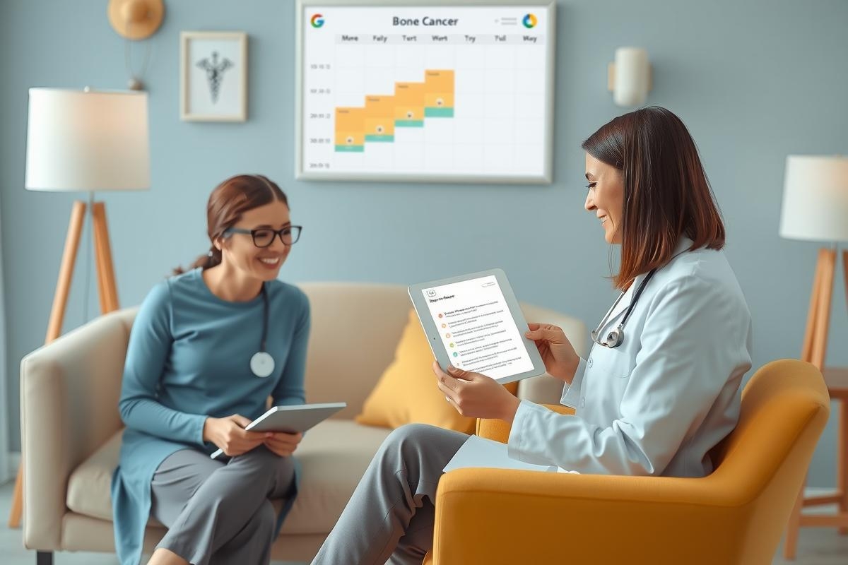 The image depicts a professional office setting with two women engaged in what appears to be a discussion. The woman on the left is seated and holding a tablet, while the standing woman on the right holds a clipboard. Both individuals seem to be focused on their conversation. The office environment suggests a work or healthcare context, indicated by the medical posters visible in the background.