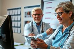 The image depicts a professional setting with two doctors. One sits in front of a computer, the other stands behind it. Both are dressed in medical attire, making the room appear to be an office or clinic.