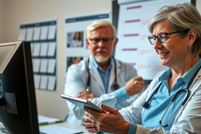 The image depicts a professional setting with two doctors. One sits in front of a computer, the other stands behind it. Both are dressed in medical attire, making the room appear to be an office or clinic.