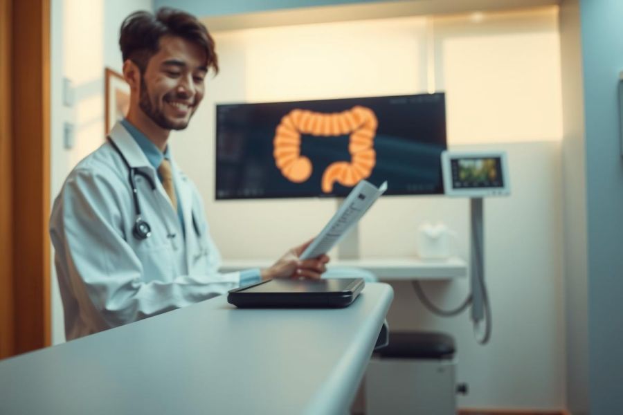 Doctor reviewing medical records in a clinic.  Image features a healthcare professional in a white coat, potentially reviewing patient data or diagnostic imaging.  Clean, modern medical setting.