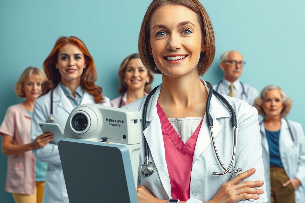 A woman wearing a white lab coat stands in front of several other people, also in lab coats. The woman is holding a large piece of paper with a camera on it. They are all smiling and pose for the picture. In the background there's another person in a pink dress.