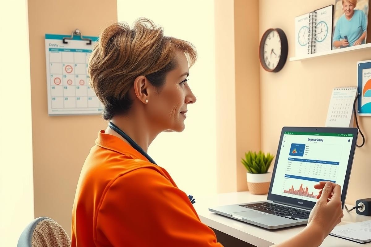 The image depicts a professional woman, possibly a nurse given the uniform she is wearing, seated at a desk in an office environment. The woman is using a laptop computer that has a screen displaying what appears to be medical data or patient information.