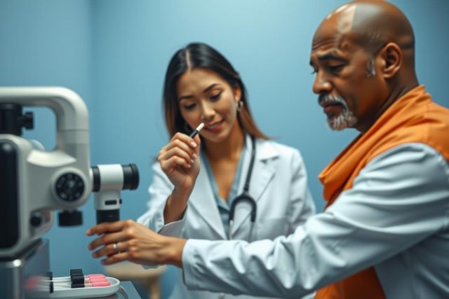 Doctor examining a patient with a slit lamp microscope in a medical setting. Focus on eye care, diagnostics, and healthcare professionals.