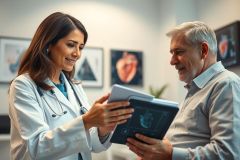 Doctor consulting with a senior patient in a bright, modern clinic. The female physician shows a medical scan on a tablet, discussing health concerns. Focus on healthcare, cardiology, and patient care. Warm lighting and professional setting.