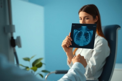 The image shows a medical professional examining an X-ray on a patient. The medical professional is holding the X-ray up to the light, focusing intently on it, while standing in front of the patient who is seated and facing the camera with a neutral expression. The setting appears to be a well-lit medical facility, with a bluish hue indicative of medical equipment and sterilized environment. The key visual elements include an X-ray image, a focus on healthcare and diagnostics, and a clinical atmosphere.