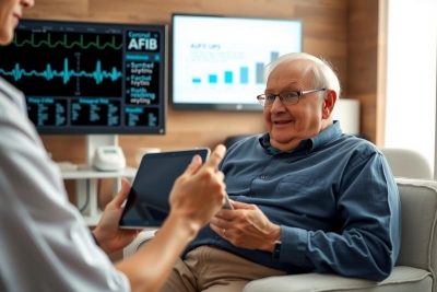 The image shows an elderly man sitting comfortably in a chair, with a healthcare professional standing and using a tablet to take his medical history or perform a telehealth consultation. 