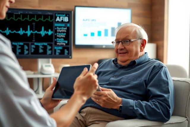 The image shows an elderly man sitting comfortably in a chair, with a healthcare professional standing and using a tablet to take his medical history or perform a telehealth consultation. 