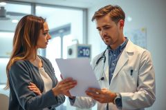 Doctor and patient reviewing medical chart in a clinic. Healthcare professional in white coat, discussing diagnosis. Bright, modern medical environment.