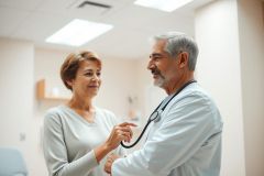 Doctor consults with a female patient in a bright, modern medical office. The image depicts a healthcare check-up, featuring a gray-haired doctor with a stethoscope and a smiling woman. Clean, neutral colors and a professional setting emphasize patient care and medical consultation.