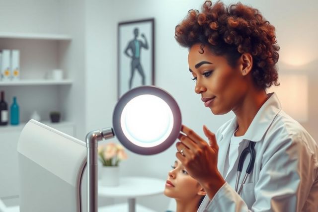 A female doctor examines a patient's eyes using a handheld lamp in a bright, modern clinic setting. Focus on healthcare, examination, and medical professional.
