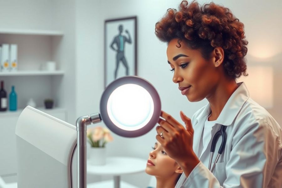 A female doctor examines a patient's eyes using a handheld lamp in a bright, modern clinic setting. Focus on healthcare, examination, and medical professional.