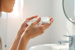 Close-up of hands holding a white cotton pad in a bathroom setting. The image focuses on skincare and personal hygiene, with a clean and bright aesthetic.