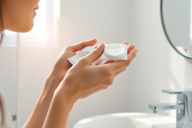 Close-up of hands holding a white cotton pad in a bathroom setting. The image focuses on skincare and personal hygiene, with a clean and bright aesthetic.