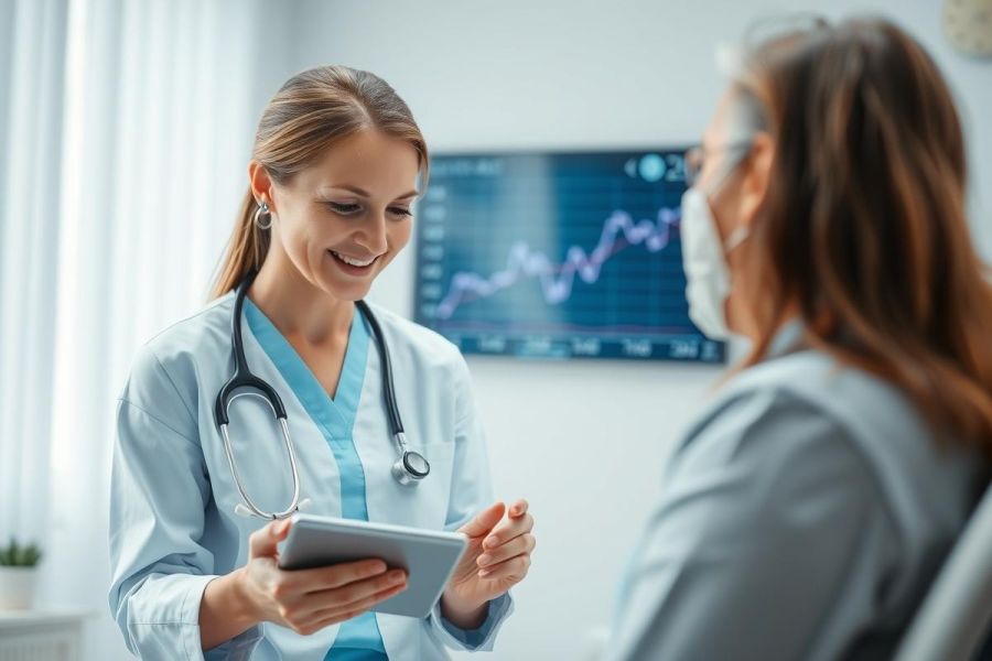 A smiling female doctor in scrubs consults with a patient in a modern medical clinic. She holds a tablet, displaying health data on a screen behind them. Healthcare, patient care, and digital health technology are key themes in this image.