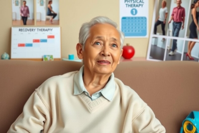 This image features an elderly person seated on a beige couch, smiling towards the camera. The individual appears to be indoors, possibly in a living room setting. There are various colorful posters and signs around, suggesting a health or wellness theme.