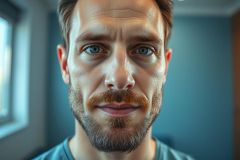 Close-up portrait of a young man with striking blue eyes, a reddish-brown beard and mustache, and fair skin. The background is a soft, muted teal. A modern, intimate headshot showcasing a thoughtful expression.