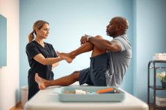 Physical therapy session. Therapist examines patient's leg in a modern clinic. Blue walls, professional setting, focused on rehabilitation and wellness.