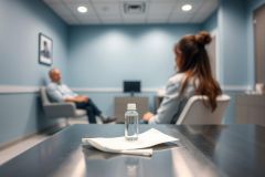Medical waiting room scene featuring a woman and man seated, with a bottle of water and papers on a table in the foreground. The room has a calming blue color palette and a modern, clinical environment, suggesting a healthcare setting like a doctor's office or clinic.