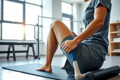 Athlete using a massage stick on their leg in a bright, modern gym setting. Focus on recovery and muscle therapy. Blue and gray tones dominate the image, showcasing fitness and wellness concepts. Ideal for sports recovery, physical therapy, or workout routines.