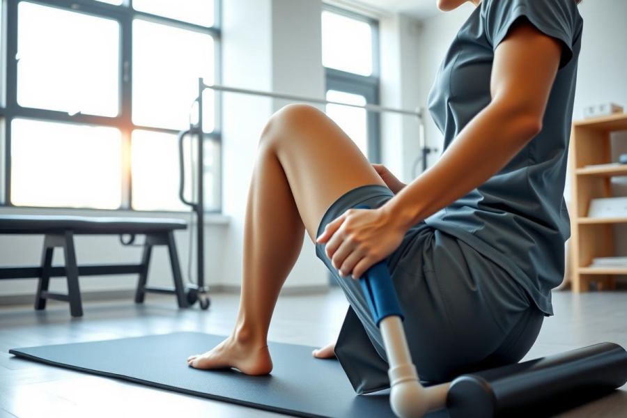 Athlete using a massage stick on their leg in a bright, modern gym setting. Focus on recovery and muscle therapy. Blue and gray tones dominate the image, showcasing fitness and wellness concepts. Ideal for sports recovery, physical therapy, or workout routines.
