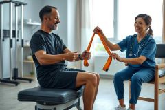 Physical therapist assisting patient with exercises using resistance band in a gym setting. Healthcare professional in scrubs, patient seated on a bench. Bright, modern space.