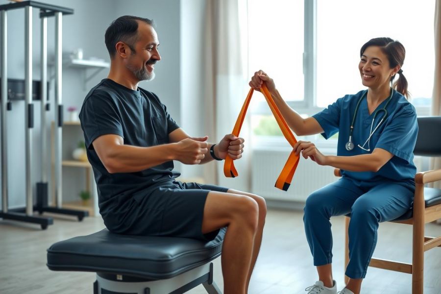 Physical therapist assisting patient with exercises using resistance band in a gym setting. Healthcare professional in scrubs, patient seated on a bench. Bright, modern space.