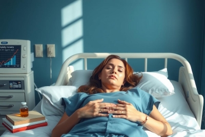 The image features a woman lying in a hospital bed, wearing medical scrubs. She appears to be a patient, with her head resting on the pillow provided. There are monitors and medical equipment around her, indicating that she is in a hospital setting. The environment suggests a clinical and sterile space. The color palette of blues and whites contributes to the medical ambiance.