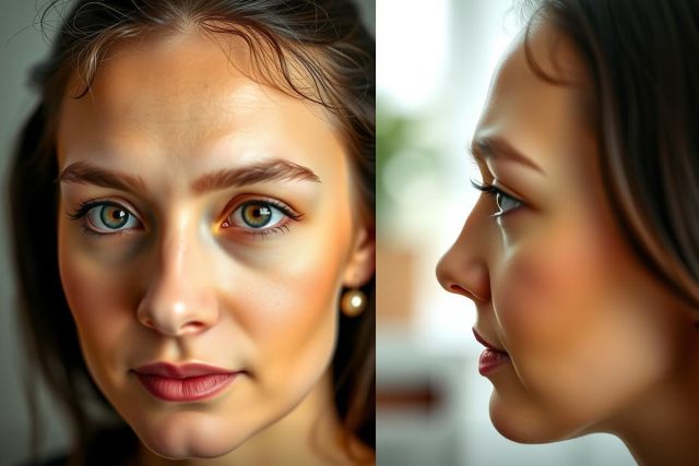The image is a split-screen comparison of two photographs of a woman's face. The left side shows the subject with her eyes looking directly at the camera, and the right side displays her profile view. Both photos capture her facial features clearly. The overall lighting in both images seems natural and evenly distributed. There are no distinctive or prominent background elements visible.