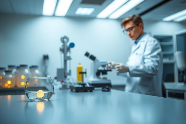Scientist in lab coat examining samples with microscope. Brightly lit laboratory setting with glassware and equipment. Focus on science, research, and medical investigation.