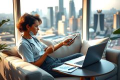 The image shows a female medical professional sitting on a couch in what appears to be an urban setting with a cityscape visible through the window. She is dressed in a white lab coat and has a laptop open on her lap, along with what looks like a tablet or phone nearby. Her posture suggests she might be engaged in work-related tasks remotely, perhaps communicating with patients, reviewing medical records, or participating in an online meeting.