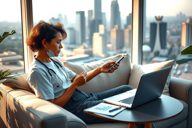 The image shows a female medical professional sitting on a couch in what appears to be an urban setting with a cityscape visible through the window. She is dressed in a white lab coat and has a laptop open on her lap, along with what looks like a tablet or phone nearby. Her posture suggests she might be engaged in work-related tasks remotely, perhaps communicating with patients, reviewing medical records, or participating in an online meeting.
