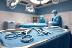 Surgical instruments on a blue sterile tray in a bright operating room. Medical professionals in blue scrubs and masks are blurred in the background, highlighting the surgical setting and equipment. Focus on stainless steel tools and clean environment.