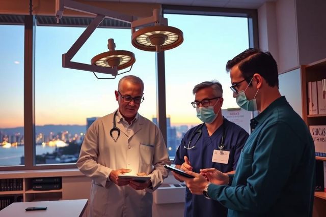 Three doctors in a clinical setting, examining a tablet during an office meeting, with the city skyline at dusk serving as the backdrop.