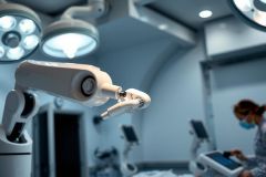 Surgical robot arm in an operating room. Medical technology, precision instruments, and healthcare setting visible. White and blue tones dominate the scene, highlighting a modern surgical environment.