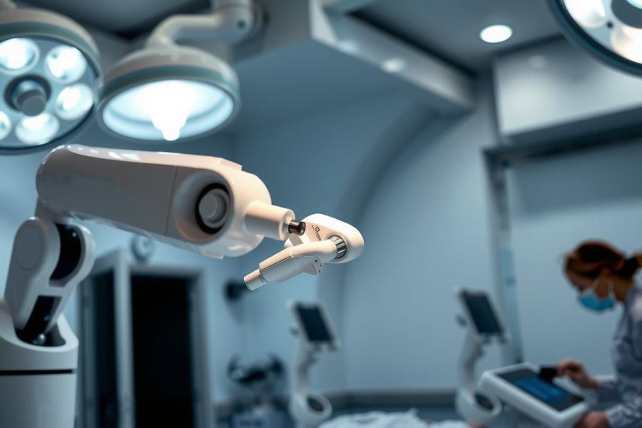 Surgical robot arm in an operating room. Medical technology, precision instruments, and healthcare setting visible. White and blue tones dominate the scene, highlighting a modern surgical environment.