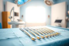 Surgical instruments laid out on a blue medical drape in an operating room. Focus on precision and sterile environment. Healthcare tools, surgical equipment, blue color.