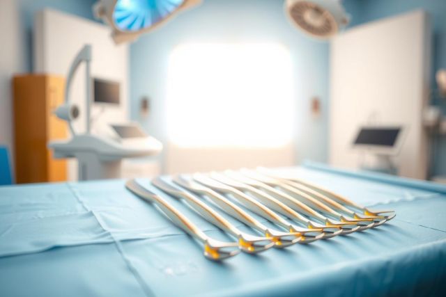Surgical instruments laid out on a blue medical drape in an operating room. Focus on precision and sterile environment. Healthcare tools, surgical equipment, blue color.