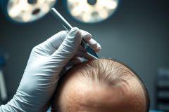 Close-up of a medical professional performing a hair transplant procedure. A gloved hand holds a surgical tool against a patient's scalp under bright operating room lights. Focus on hair follicles and surgical precision, showcasing a modern medical treatment.