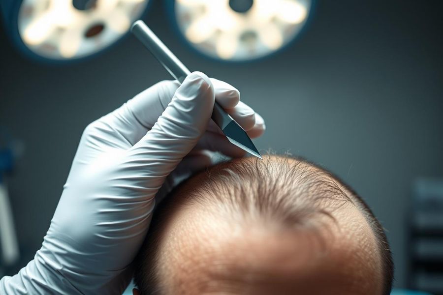 Close-up of a medical professional performing a hair transplant procedure. A gloved hand holds a surgical tool against a patient's scalp under bright operating room lights. Focus on hair follicles and surgical precision, showcasing a modern medical treatment.