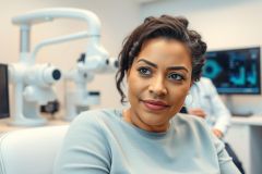 Portrait of a smiling Black woman sitting in a modern dental clinic. She's wearing a light blue sweater and looking directly at the camera. Medical equipment and a dentist are visible in the background, suggesting a routine checkup or dental procedure. Clean, bright, and professional setting.