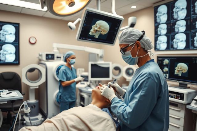 The image depicts a modern medical imaging room. There is a patient lying on a medical table in the center, with two medical professionals wearing surgical attire and masks working around them. The room contains multiple advanced imaging systems including what appears to be an MRI machine. The focus of the scene is on healthcare and medical procedures.