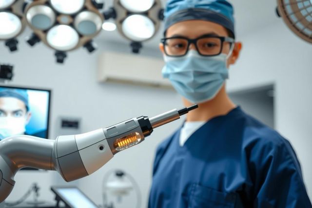 Robotic surgery in operation room. Doctor wearing mask and scrubs, holding a surgical tool. Healthcare, technology, and medical innovation concept.