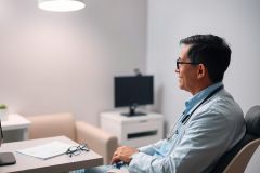 A thoughtful Asian doctor in a modern, clean medical office. He wears a stethoscope and glasses, seated in a chair with a relaxed expression. The room features neutral colors and a computer monitor, suggesting a consultation or administrative task. Healthcare, medical professional, office setting.