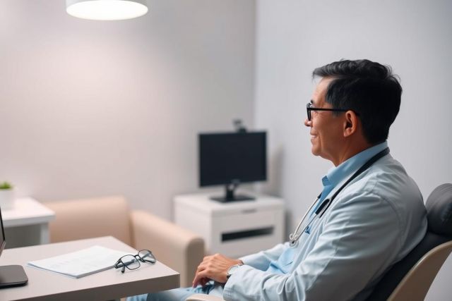 A thoughtful Asian doctor in a modern, clean medical office. He wears a stethoscope and glasses, seated in a chair with a relaxed expression. The room features neutral colors and a computer monitor, suggesting a consultation or administrative task. Healthcare, medical professional, office setting.