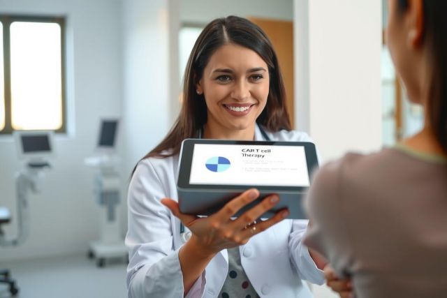 A scientist in a lab coat holds a tablet, showcasing data or results. The setting appears to be a modern research laboratory with equipment visible in the background. Bright and clean environment.