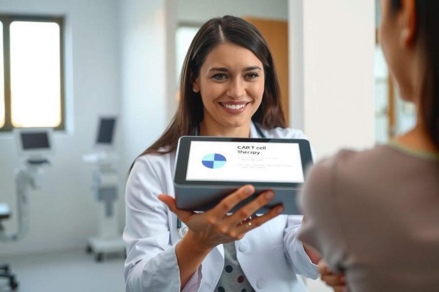 A scientist in a lab coat holds a tablet, showcasing data or results. The setting appears to be a modern research laboratory with equipment visible in the background. Bright and clean environment.
