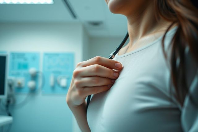 Healthcare professional, likely a doctor or nurse, wearing a stethoscope in a modern hospital setting. The image features a focus on the medical equipment and a cool, calming blue and white color palette. Represents medical care, diagnostics, and healthcare workers.